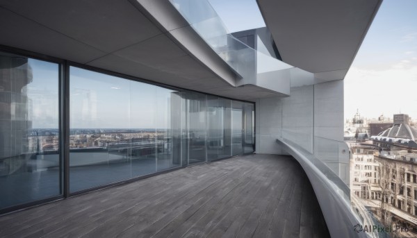 outdoors,sky,day,cloud,indoors,blue sky,no humans,window,building,scenery,reflection,wooden floor,city,cityscape,bridge,skyscraper,watercraft,ship,reflective floor