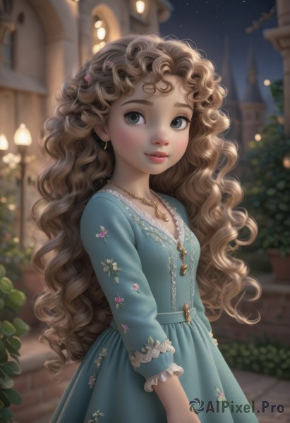 1girl,solo,long hair,breasts,looking at viewer,blush,smile,blue eyes,blonde hair,brown hair,hair ornament,long sleeves,dress,jewelry,very long hair,standing,flower,cowboy shot,earrings,small breasts,outdoors,frills,parted lips,sky,artist name,signature,necklace,blurry,black eyes,lips,looking to the side,grey eyes,eyelashes,night,depth of field,blurry background,blue dress,wavy hair,floral print,light smile,plant,frilled sleeves,building,gem,star (sky),night sky,pendant,starry sky,freckles,curly hair,nose,bush,castle,print dress,aqua dress,lace