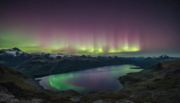 outdoors,sky,water,tree,no humans,night,star (sky),nature,night sky,scenery,forest,starry sky,reflection,mountain,river,landscape,lake,cliff,aurora