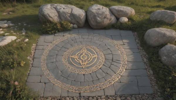 flower,outdoors,day,no humans,shadow,from above,sunlight,grass,plant,scenery,rock,road,bush,path,stone,stone floor,magic circle,still life