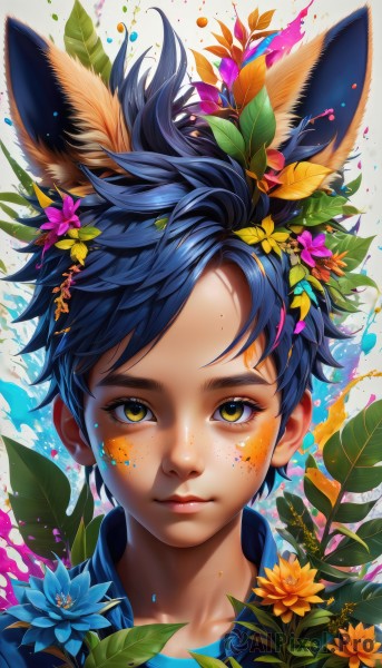 1girl,solo,looking at viewer,smile,short hair,bangs,hair ornament,1boy,white background,animal ears,closed mouth,blue hair,collarbone,yellow eyes,flower,male focus,artist name,hair flower,lips,eyelashes,makeup,leaf,plant,portrait,extra ears,androgynous,freckles,blue flower,pink lips,yellow flower,nose,orange flower,paint splatter,paint,paint splatter on face,fox ears,blue shirt,spiked hair,pink flower,facepaint,colorful