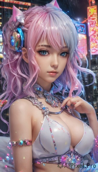 1girl,solo,long hair,breasts,looking at viewer,bangs,blue eyes,hair ornament,animal ears,cleavage,bare shoulders,jewelry,medium breasts,closed mouth,underwear,swimsuit,upper body,pink hair,bikini,multicolored hair,outdoors,shiny,cat ears,nail polish,bra,lips,fingernails,wet,eyelashes,makeup,headgear,gem,armlet,rain,city,parted lips,artist name,necklace,headphones,watermark,building,armband,pink lips,realistic,nose