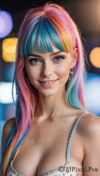 1girl,solo,long hair,breasts,looking at viewer,smile,bangs,blue eyes,large breasts,cleavage,bare shoulders,jewelry,medium breasts,underwear,blue hair,collarbone,upper body,pink hair,multicolored hair,earrings,teeth,bra,mole,grin,blurry,two-tone hair,lips,eyelashes,aqua hair,makeup,depth of field,blurry background,freckles,white bra,mole on breast,realistic,nose,bokeh,mascara,rainbow hair,blonde hair,artist name,orange hair,gradient hair,watermark