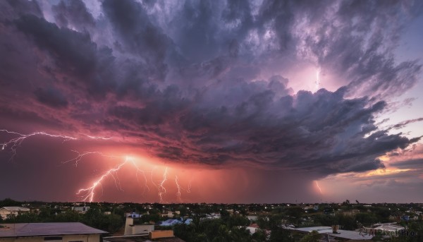 outdoors,sky,cloud,tree,no humans,cloudy sky,building,scenery,sunset,mountain,city,horizon,electricity,road,cityscape,house,lightning,landscape,grass