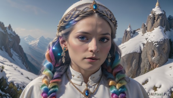 1girl,solo,long hair,looking at viewer,blue eyes,blonde hair,hair ornament,jewelry,blue hair,purple hair,braid,multicolored hair,earrings,outdoors,parted lips,sky,teeth,day,necklace,twin braids,two-tone hair,blue sky,lips,gem,portrait,snow,freckles,mountain,realistic,fantasy,multiple braids,tree,eyelashes,forehead,nose,winter,gold,pine tree