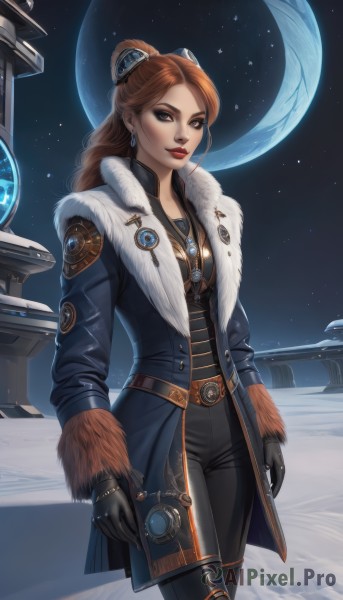 1girl,solo,long hair,looking at viewer,smile,brown hair,hair ornament,gloves,long sleeves,brown eyes,jewelry,standing,ponytail,earrings,open clothes,sky,black gloves,belt,pants,necklace,lips,coat,fur trim,makeup,night,black pants,moon,ring,lipstick,star (sky),snow,eyeshadow,starry sky,freckles,nose,winter clothes,red lips,eyeliner,space,breasts,closed mouth,cowboy shot,outdoors,artist name,hair bun,single hair bun,night sky,science fiction,realistic,planet,blue coat,earth (planet)