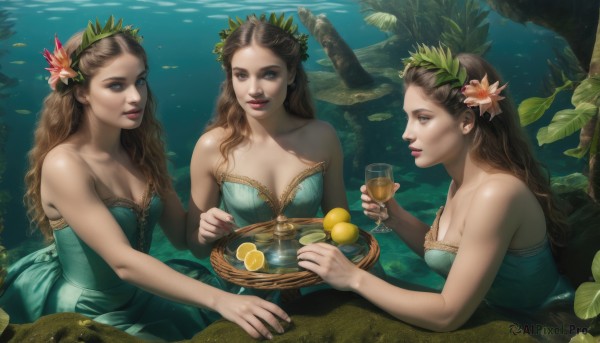 long hair,breasts,looking at viewer,smile,blue eyes,multiple girls,brown hair,hair ornament,dress,holding,cleavage,bare shoulders,brown eyes,medium breasts,collarbone,flower,parted lips,food,sleeveless,hair flower,3girls,water,tree,cup,lips,strapless,fruit,blue dress,leaf,wavy hair,table,holding cup,strapless dress,drinking glass,tray,partially submerged,fish,green dress,underwater,realistic,basket,glass,head wreath,lemon,lily pad,lemon slice,pineapple,large breasts,curly hair,orange (fruit)