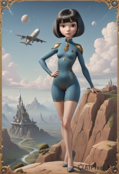 1girl,solo,breasts,looking at viewer,smile,short hair,bangs,black hair,long sleeves,brown eyes,closed mouth,standing,full body,small breasts,outdoors,sky,shoes,day,artist name,cloud,signature,blunt bangs,water,black eyes,covered nipples,blue sky,lips,hand on hip,bodysuit,cameltoe,turtleneck,ocean,border,moon,bob cut,crossed legs,light smile,star (sky),skin tight,mountain,aircraft,nose,horizon,airplane,planet,castle,no socks,blue bodysuit,spacecraft,cliff,floating island,airship,watermark,scenery,contrail,shooting star,watson cross