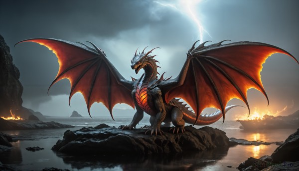 HQ,solo,open mouth,tail,outdoors,wings,horns,sky,teeth,cloud,water,no humans,glowing,ocean,fangs,cloudy sky,fire,sharp teeth,claws,spikes,monster,rock,mountain,fantasy,dragon,electricity,scales,lightning,dragon wings,breathing fire,molten rock,overcast,kaijuu,red eyes,scenery,glowing eyes