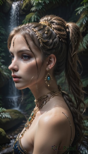 1girl,solo,long hair,breasts,looking at viewer,blue eyes,brown hair,black hair,hair ornament,bare shoulders,jewelry,medium breasts,upper body,ponytail,earrings,outdoors,parted lips,teeth,day,water,necklace,blurry,from side,lips,wet,eyelashes,depth of field,blurry background,gem,nature,freckles,circlet,realistic,nose,waterfall,head chain,profile,leaf,facial mark,gold