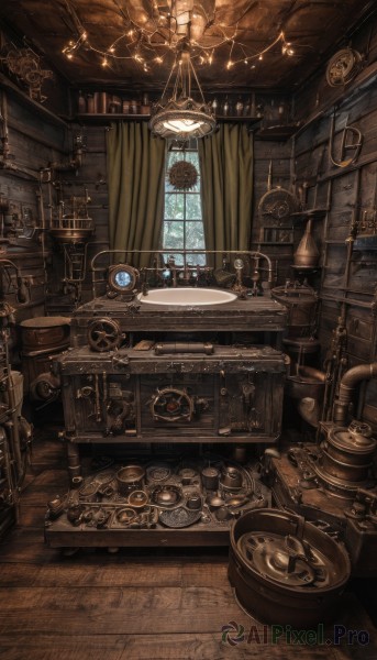 sky,indoors,cup,book,no humans,window,chair,table,curtains,scenery,lantern,wooden floor,fantasy,clock,bookshelf,lamp,candle,shelf,gears,candlestand,chandelier,globe,steampunk,weighing scale,telescope,loaded interior,day,ceiling light