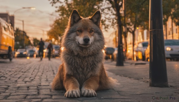 looking at viewer, outdoors, blurry, tree, no humans, depth of field, blurry background, animal, ground vehicle, building, motor vehicle, dog, realistic, car, road, animal focus, lamppost, street, pavement