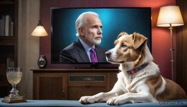 HQ,blue eyes,shirt,1boy,closed mouth,jacket,white hair,male focus,necktie,indoors,collar,facial hair,animal,formal,cat,suit,dog,realistic,lamp,animal focus,old,old man,pink necktie,whiskers,purple necktie,desk lamp,wrinkled skin,solo,brown eyes,signature,cup,book,drinking glass,nose,bookshelf,wine glass,manly,television,monitor