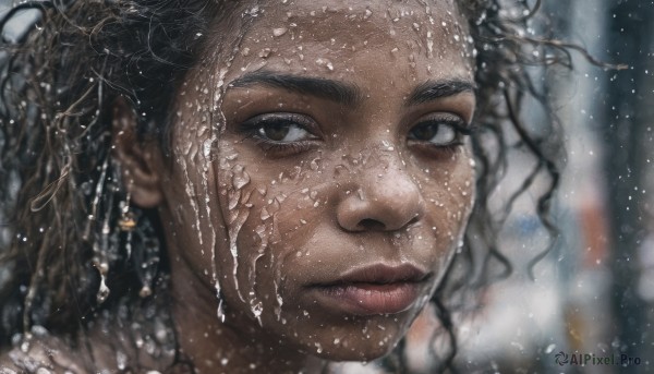 1girl,solo,long hair,looking at viewer,brown hair,black hair,brown eyes,jewelry,closed mouth,earrings,parted lips,dark skin,water,blurry,dark-skinned female,lips,wet,depth of field,blurry background,portrait,close-up,rain,water drop,realistic,nose,wet hair,thick lips,signature,eyelashes,freckles