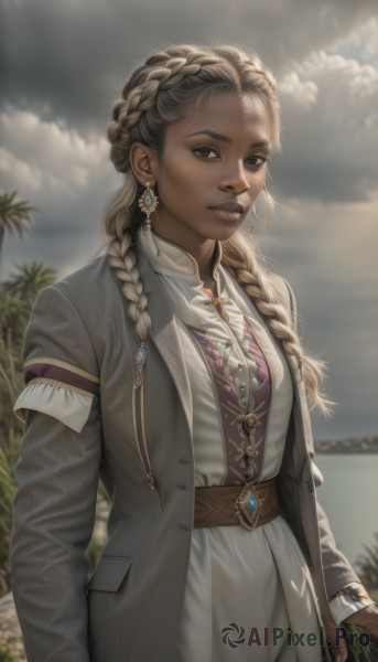 1girl,solo,long hair,breasts,looking at viewer,blonde hair,brown hair,shirt,long sleeves,dress,brown eyes,jewelry,standing,jacket,upper body,braid,cowboy shot,earrings,outdoors,parted lips,open clothes,sky,day,belt,artist name,cloud,dark skin,necklace,blurry,twin braids,dark-skinned female,tree,lips,coat,depth of field,blurry background,formal,sunlight,cloudy sky,gem,forehead,freckles,realistic,grey jacket,nose,crown braid,grey coat,multiple braids,teeth,white dress,thick eyebrows