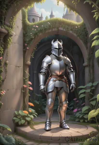 solo,1boy,standing,full body,flower,male focus,boots,outdoors,sky,day,belt,cloud,armor,tree,blue sky,sunlight,helmet,plant,shoulder armor,gauntlets,building,scenery,facing viewer,1other,pink flower,pauldrons,breastplate,arms at sides,armored boots,greaves,vines,faulds,castle,knight,full armor,ambiguous gender,orange flower,arch,helm,plate armor,weapon,horns,fantasy,vambraces,fake horns,ruins,pillar,horned helmet,overgrown,chainmail,ivy