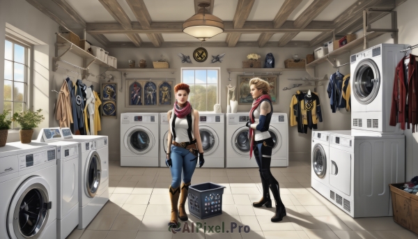 1girl,short hair,multiple girls,blonde hair,brown hair,shirt,gloves,1boy,2girls,bare shoulders,jacket,boots,belt,pants,indoors,fingerless gloves,scarf,window,plant,denim,jeans,tiles,suitcase,washing machine,standing,sleeveless,bodysuit,box,science fiction,realistic,potted plant,jacket removed,laundry