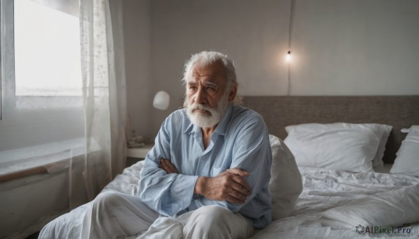 solo,looking at viewer,shirt,long sleeves,1boy,sitting,closed mouth,white hair,male focus,pants,indoors,pillow,window,bed,facial hair,on bed,scar,crossed arms,blue shirt,curtains,beard,pajamas,mature male,realistic,mustache,lamp,manly,bedroom,old,old man,wrinkled skin,collared shirt,grey eyes,sunlight,light