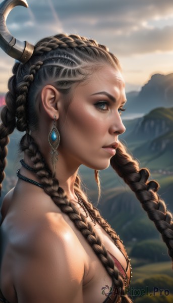 1girl,solo,long hair,breasts,looking at viewer,blue eyes,brown hair,black hair,hair ornament,cleavage,bare shoulders,jewelry,medium breasts,closed mouth,upper body,braid,earrings,outdoors,horns,sky,artist name,necklace,blurry,twin braids,from side,lips,eyelashes,profile,blurry background,sunlight,freckles,mountain,realistic,nose,multiple braids,parted lips,signature,facial mark,tribal,native american