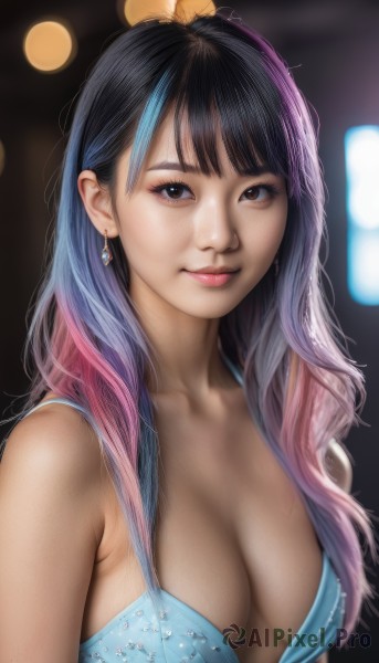 1girl,solo,long hair,breasts,looking at viewer,smile,bangs,black hair,cleavage,bare shoulders,brown eyes,jewelry,medium breasts,closed mouth,blue hair,collarbone,swimsuit,upper body,pink hair,bikini,multicolored hair,earrings,blurry,black eyes,two-tone hair,lips,eyelashes,blurry background,blue bikini,freckles,realistic,nose,large breasts,underwear,artist name,bra,streaked hair,gradient hair,makeup,blue bra