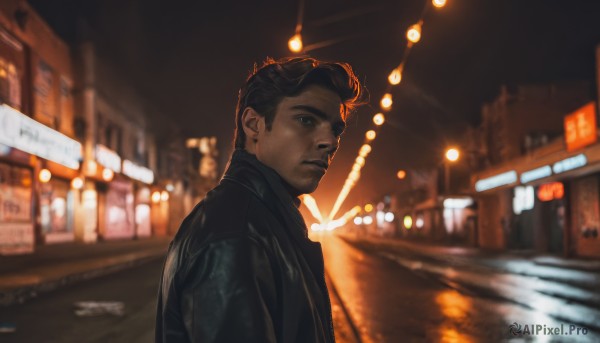 solo,looking at viewer,short hair,black hair,1boy,closed mouth,jacket,upper body,male focus,outdoors,blurry,from side,black jacket,night,blurry background,facial hair,building,city,realistic,road,brown hair,sky,artist name,looking to the side,depth of field,thick eyebrows,night sky,stubble,light,leather,lamppost,street,leather jacket