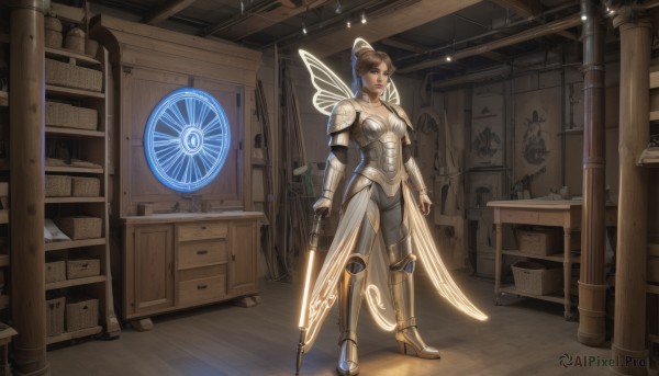 1girl,solo,breasts,short hair,brown hair,holding,brown eyes,standing,full body,weapon,boots,wings,sword,indoors,hair bun,holding weapon,armor,glowing,shoulder armor,box,pauldrons,breastplate,door,vambraces,armored boots,fairy,greaves,gloves,cleavage,medium breasts,ponytail,lips,book,table,single hair bun,polearm,gauntlets,shield,fairy wings,knight,lance