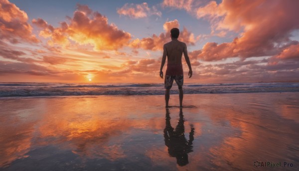 solo, black hair, 1boy, standing, male focus, outdoors, sky, cloud, water, from behind, dutch angle, ocean, beach, cloudy sky, scenery, reflection, topless male, sunset, horizon, male swimwear, swim trunks