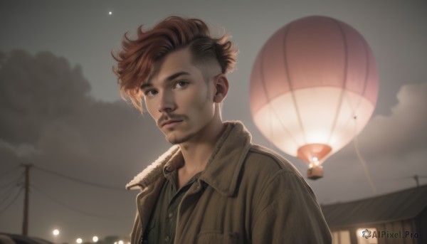 solo,looking at viewer,short hair,brown hair,shirt,1boy,brown eyes,closed mouth,jacket,upper body,male focus,outdoors,sky,cloud,blurry,night,facial hair,brown jacket,realistic,undercut,power lines,cloudy sky,portrait,beard