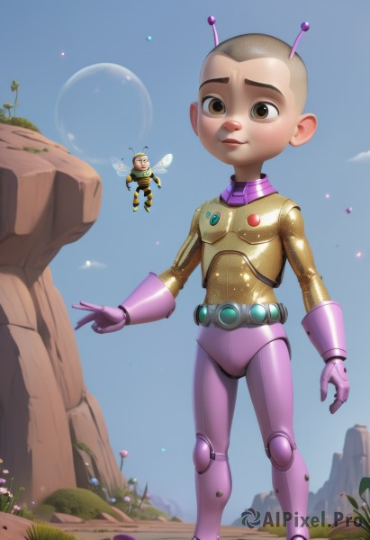 looking at viewer,smile,gloves,1boy,brown eyes,closed mouth,standing,full body,flower,male focus,outdoors,multiple boys,wings,sky,day,shiny,belt,blue sky,v,bodysuit,moon,grass,bug,skin tight,flying,shiny clothes,antennae,bald,very short hair,alien,spacesuit,signature,2boys,scarf,leaf,watermark,robot,musical note,science fiction,rock,mountain,realistic,fairy wings,size difference,male child,giant,insect wings