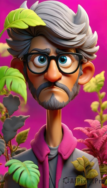 solo,looking at viewer,short hair,blue eyes,shirt,1boy,closed mouth,green eyes,jacket,upper body,grey hair,male focus,glasses,facial hair,leaf,thick eyebrows,plant,beard,purple background,black-framed eyewear,bespectacled,grey jacket,mustache,old,old man,white hair,collared shirt,artist name,blurry,gradient,depth of field,frown,watermark,pink background,portrait,web address,pink shirt,serious,realistic