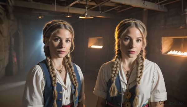 long hair,looking at viewer,multiple girls,blonde hair,brown hair,shirt,2girls,brown eyes,jewelry,closed mouth,upper body,braid,short sleeves,hairband,earrings,indoors,necklace,vest,twin braids,lips,siblings,sisters,hair over shoulder,twins,realistic,nose,multiple braids,white shirt,makeup,parody,sunlight,blouse,light,blue vest