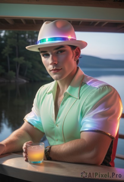 solo,looking at viewer,smile,short hair,shirt,black hair,1boy,hat,holding,jewelry,sitting,closed mouth,upper body,short sleeves,male focus,earrings,outdoors,collared shirt,dark skin,blurry,black eyes,tree,cup,lips,muscular,buttons,blurry background,facial hair,table,dark-skinned male,muscular male,holding cup,beard,alcohol,drinking glass,watch,realistic,nose,green shirt,drink,wristwatch,chest hair,arm hair,blue eyes,brown hair,artist name,vest,watermark,lens flare,manly,partially unbuttoned,polo shirt