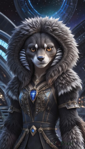 1girl,solo,breasts,looking at viewer,brown eyes,jewelry,yellow eyes,upper body,horns,sky,belt,artist name,signature,hood,coat,orange eyes,fur trim,night,animal,brooch,gem,star (sky),furry,hood up,starry sky,fur collar,furry female,clock,body fur,fur,black fur,fluffy,closed mouth,no humans