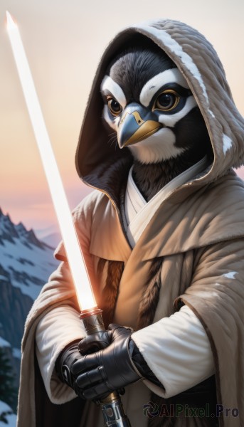 solo,looking at viewer,gloves,1boy,holding,brown eyes,upper body,weapon,male focus,outdoors,sword,hood,holding weapon,no humans,bird,animal,holding sword,gauntlets,cloak,hood up,robe,mountain,animal focus,energy sword,beak,lightsaber,closed mouth,standing,black eyes,tree,science fiction,glowing weapon