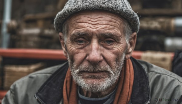 solo,looking at viewer,gloves,1boy,closed mouth,jacket,upper body,white hair,grey hair,male focus,black gloves,blurry,black eyes,grey eyes,blurry background,facial hair,portrait,beard,realistic,grey jacket,mustache,manly,old,old man,wrinkled skin,shirt,hat,indoors,scarf,black jacket,depth of field,turtleneck,beret,scar,scar on face,close-up,red scarf,leather jacket