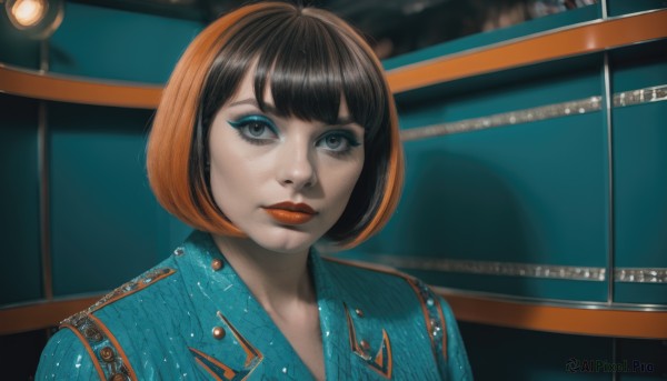 1girl,solo,looking at viewer,short hair,bangs,brown hair,shirt,black hair,brown eyes,closed mouth,upper body,multicolored hair,collared shirt,indoors,blunt bangs,orange hair,black eyes,two-tone hair,lips,streaked hair,eyelashes,makeup,buttons,bob cut,blue shirt,lipstick,eyeshadow,freckles,realistic,nose,red lips,eyeliner,portrait