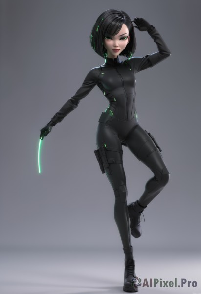 1girl,solo,breasts,looking at viewer,smile,short hair,bangs,black hair,gloves,holding,closed mouth,green eyes,standing,full body,weapon,small breasts,boots,black gloves,medium hair,grey background,black footwear,holding weapon,arm up,lips,bodysuit,makeup,glowing,bob cut,standing on one leg,knife,skin tight,science fiction,black bodysuit,holster,animification,thigh holster,simple background,signature,swept bangs,thigh pouch