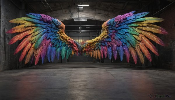 wings,indoors,no humans,scenery,feathered wings,tiles,tile floor,ceiling,hallway,spread wings,ceiling light,solo,feathers,multicolored clothes,light rays,light,colorful,multicolored wings,rainbow gradient