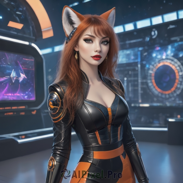 1girl,solo,long hair,breasts,looking at viewer,bangs,large breasts,brown hair,animal ears,cleavage,brown eyes,jewelry,medium breasts,collarbone,earrings,parted lips,artist name,cat ears,mole,lips,fox ears,mole under eye,bodysuit,makeup,lipstick,fox girl,freckles,science fiction,black bodysuit,red lips,space,spacecraft,green eyes,standing,red hair,signature,orange hair,blurry,grey eyes,eyelashes,swept bangs,skin tight,zipper,realistic,nose,unzipped,leather,monitor,screen