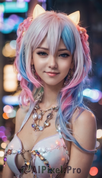 1girl,solo,long hair,breasts,looking at viewer,smile,bangs,blue eyes,hair ornament,dress,animal ears,cleavage,hair between eyes,bare shoulders,jewelry,medium breasts,blue hair,upper body,pink hair,white hair,multicolored hair,earrings,artist name,cat ears,necklace,mole,blurry,two-tone hair,lips,streaked hair,depth of field,blurry background,freckles,mole on breast,realistic,nose,bokeh,closed mouth,signature,watermark,strap slip