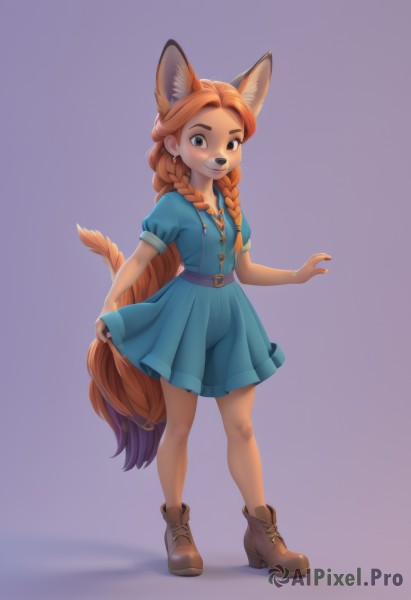 1girl,solo,long hair,looking at viewer,smile,blue eyes,simple background,dress,animal ears,jewelry,very long hair,standing,tail,full body,braid,short sleeves,earrings,boots,puffy sleeves,belt,orange hair,twin braids,puffy short sleeves,animal ear fluff,see-through,legs,fox ears,blue dress,fox tail,brown footwear,short dress,fox girl,furry,freckles,purple background,furry female,holding hair,animal nose,breasts,small breasts,no panties,extra ears,ankle boots,brown belt