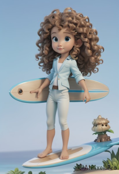 1girl,solo,long hair,looking at viewer,smile,blue eyes,brown hair,shirt,holding,standing,full body,barefoot,belt,pants,dark skin,water,flat chest,dark-skinned female,lips,toes,ocean,blue background,curly hair,white pants,surfboard,faux figurine,navel,brown eyes,white shirt,outdoors,sky,day,feet,wavy hair