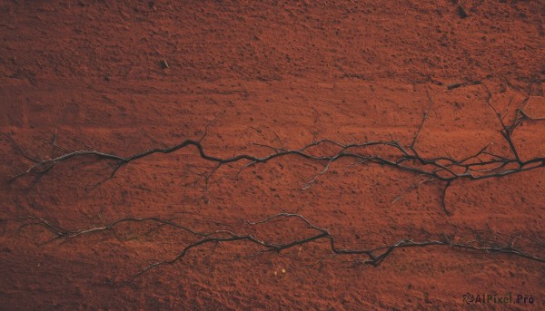 1girl,1boy,monochrome,male focus,no humans,traditional media,red theme,crack,hatching (texture),scenery,red background,orange theme,cracked floor