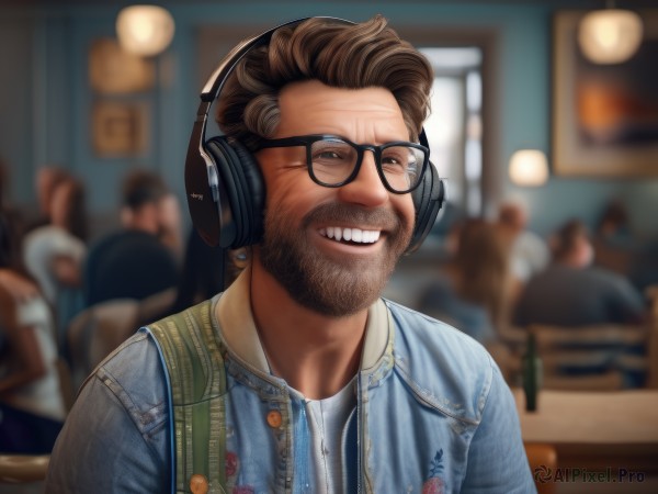 solo,looking at viewer,smile,brown hair,shirt,1boy,brown eyes,jewelry,jacket,upper body,male focus,earrings,multiple boys,glasses,teeth,solo focus,indoors,grin,blurry,depth of field,blurry background,facial hair,headphones,blue shirt,denim,beard,black-framed eyewear,realistic,badge,real life insert,denim jacket,short hair,white shirt,parted lips,open clothes,vest,open jacket,lips,chair,blue jacket,portrait,nose,mustache,stubble,unbuttoned,open vest,crowd,raised eyebrow,button badge