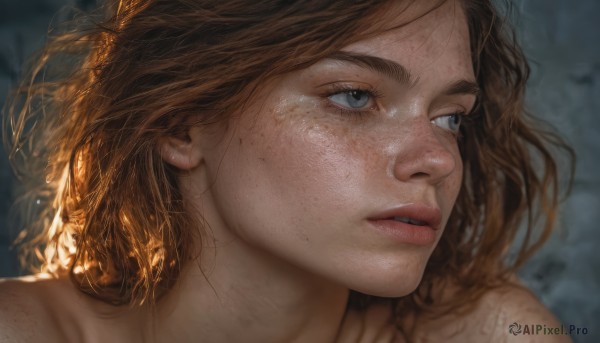 1girl,solo,long hair,blue eyes,brown hair,nude,parted lips,teeth,blurry,lips,looking to the side,grey eyes,blurry background,looking away,portrait,close-up,freckles,realistic,nose,short hair,bangs,eyelashes,looking afar