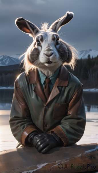 solo,shirt,red eyes,gloves,long sleeves,1boy,animal ears,jacket,upper body,male focus,outdoors,necktie,sky,day,black gloves,collared shirt,cloud,signature,rabbit ears,tree,coat,looking to the side,cloudy sky,own hands together,blue shirt,furry,snow,rabbit,green jacket,mountain,realistic,green shirt,furry male,whiskers,lake,grey sky,looking at viewer,brown eyes,vest,no humans,animal,red necktie,animal focus,green vest,mountainous horizon