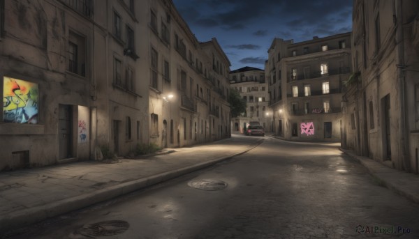 outdoors,sky,cloud,no humans,window,night,cloudy sky,ground vehicle,building,night sky,scenery,motor vehicle,city,sign,door,car,road,wall,lamppost,street,graffiti,alley,sidewalk,tree,light,road sign,pavement,crosswalk