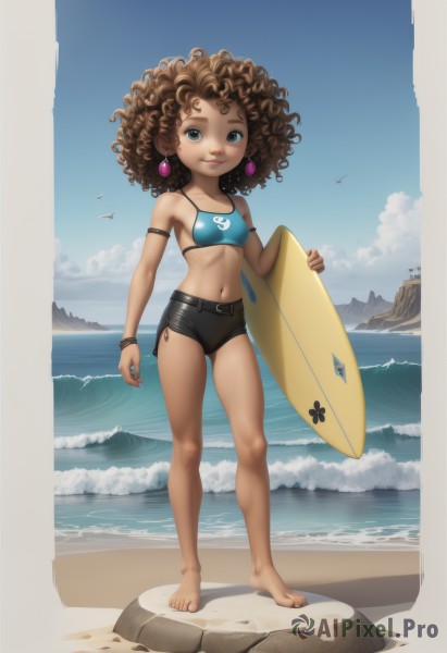 1girl,solo,long hair,breasts,looking at viewer,smile,blue eyes,brown hair,navel,holding,jewelry,standing,swimsuit,full body,bikini,earrings,small breasts,outdoors,sky,shorts,barefoot,day,midriff,belt,cloud,dark skin,water,bracelet,feet,dark-skinned female,blue sky,lips,legs,short shorts,toes,bird,ocean,beach,black shorts,armband,bikini top only,blue bikini,armlet,curly hair,nose,sand,big hair,waves,seagull,surfboard,afro,bikini shorts,pigeon-toed