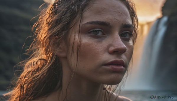 1girl, solo, long hair, brown hair, brown eyes, parted lips, blurry, lips, blurry background, messy hair, portrait, freckles, realistic, nose