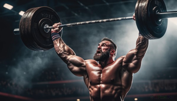 solo,short hair,brown hair,black hair,1boy,upper body,male focus,dark skin,armpits,blurry,arms up,muscular,blurry background,facial hair,abs,dark-skinned male,pectorals,muscular male,wristband,beard,topless male,mature male,realistic,mustache,manly,biceps,exercise,gym,weightlifting,looking up,wrestling ring,dumbbell